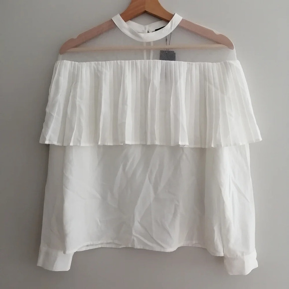 NWT Maje Lemia Pleated Ruffle Overlay Mesh Ecru White Blouse Maje 2 (Medium) - Picture 3 of 16